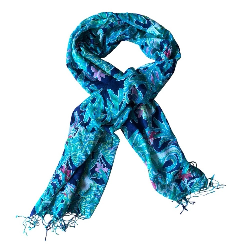 Lilly Pulitzer Silk Cashmere Scarf Blue Green Floral